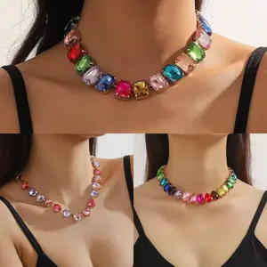 Colorful Dopamine Jewelry, Candy-Colored Large Gemstone Necklace, Bold Rainbow Crystal Necklace, Fashionable Aesthetic Jewelry for Summer Parties