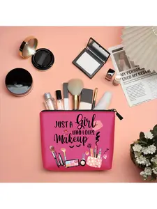 1pc Makeup Bag Pink Cosmetic Pouch With Just A Girl Who Loves Makeup Print And Makeup Tools Design For Travel Beauty Storage And Daily Use Perfect For Carrying Makeup Brushes Skincare Products And Personal Care Items Ideal For Traveling Gym