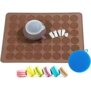 Food Grade Brown Non-stick Reusable Silicone Macaron Baking Kit Tray Set with Piping Pot 4 Nozzles & 1 Cleaning Scrubbing Pad Baking Supplies