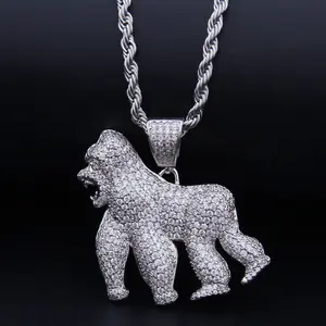 Iced Out Gorilla Pendant On Rope Chain Cubic Zirconia Hip Hop Jewelry
