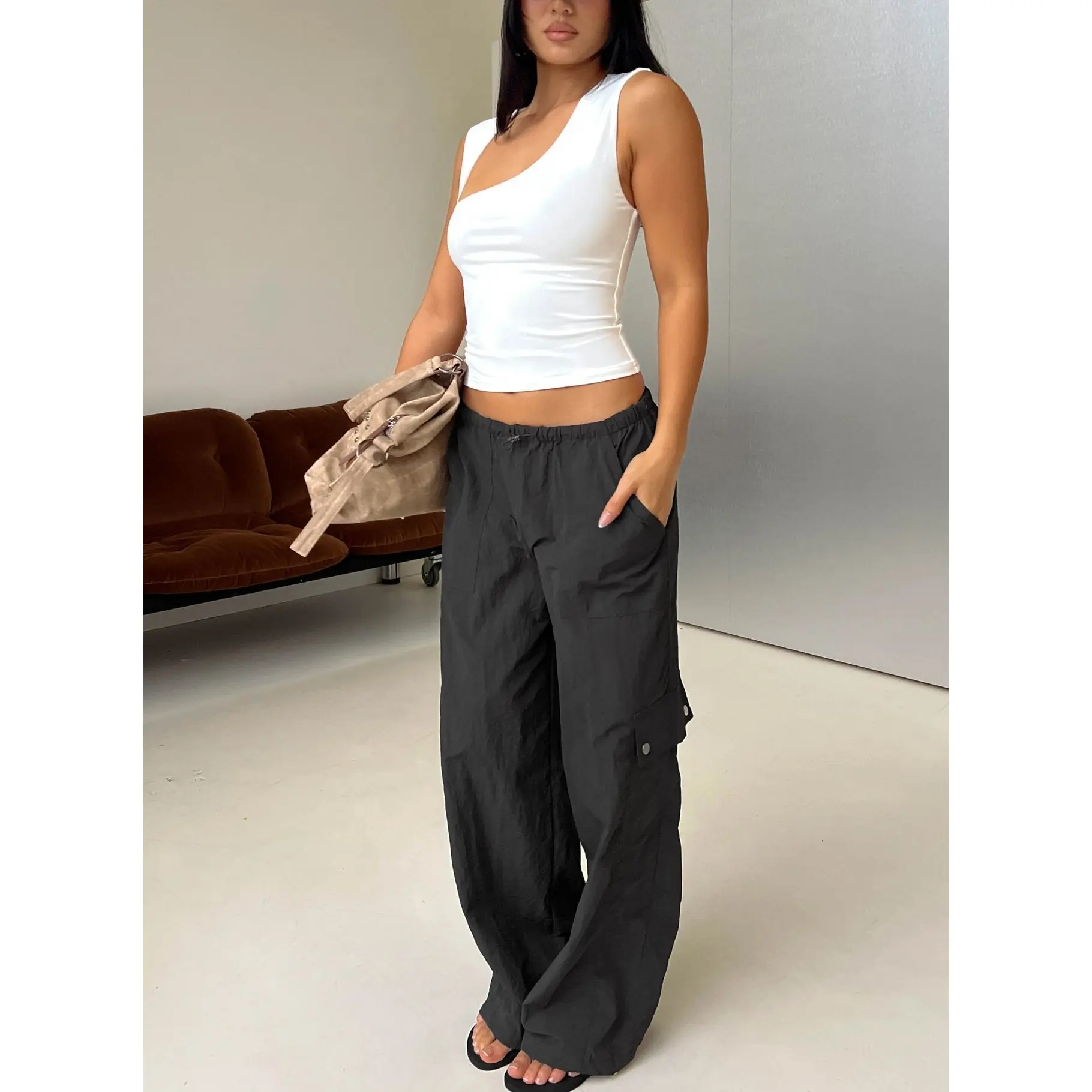 Lost On You Parachute Cargo Pants Charcoal