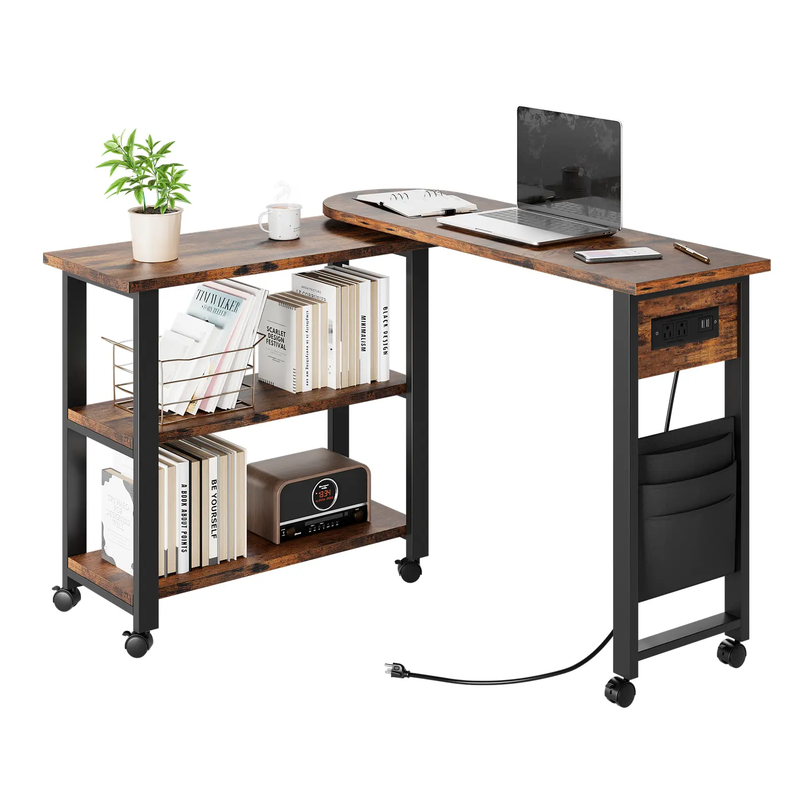 360° Rotating Sofa Side Table with Charging Station – 2-Tier Movable Coffee Table, Extra Storage Pocket, 6 Lockable Swivel Wheels, Versatile for Living Room, Bedroom, Office