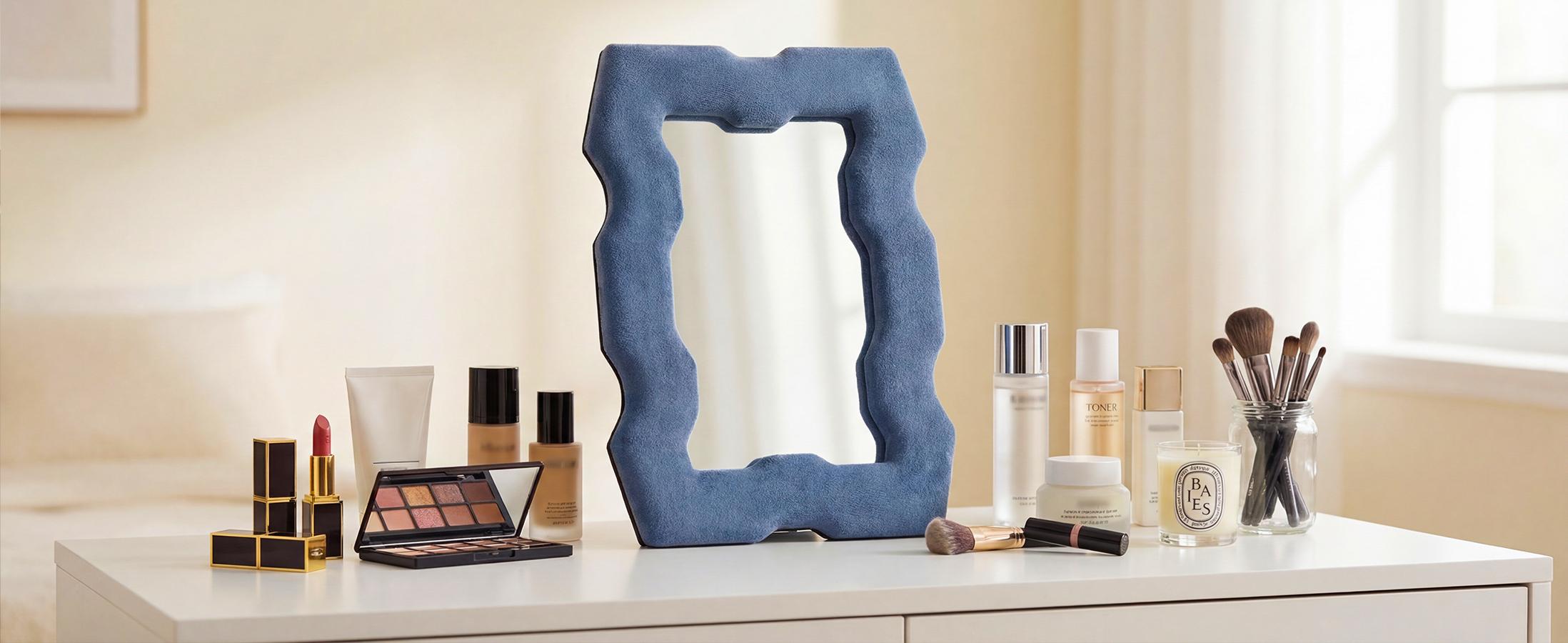 Chic Irregular Wavy Mirror –Modern Blue Decorative Mirror Decor for Vanity, Office & Living Room