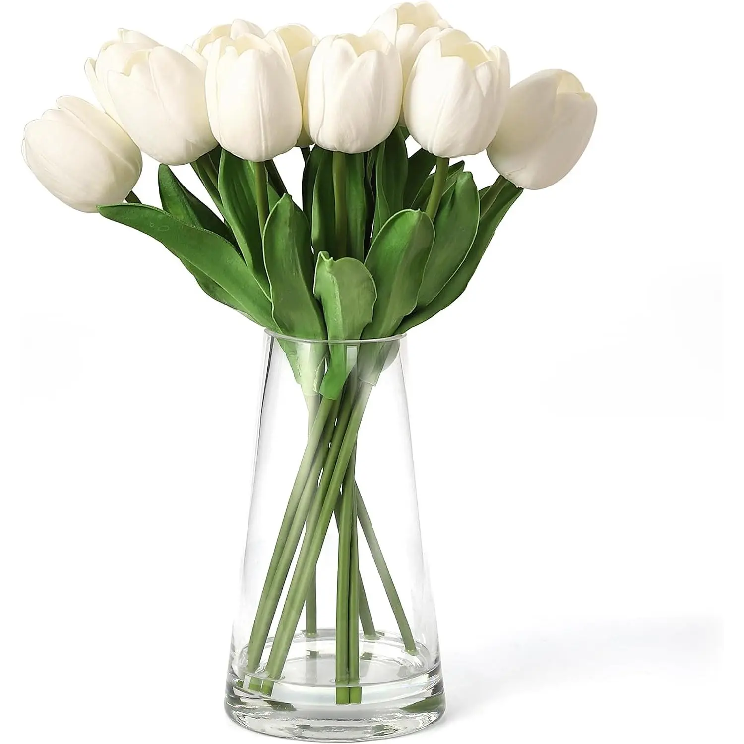 Garvee Decorative White Silk Tulips Bouquet - Artificial Tulip Arrangement in Glass Vase with Realistic Water - Elegant Floral Centerpiece for Home, Wedding Decor