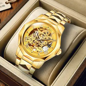 Men’s Gold Alloy Fully Automatic Mechanical Hollow-Design Waterproof Watch