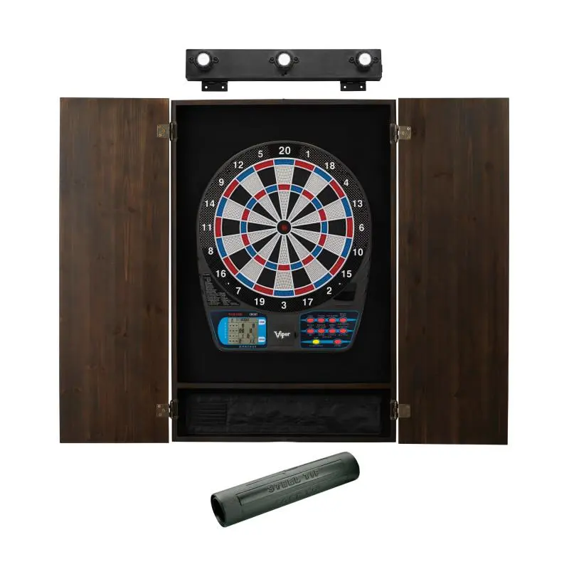 Viper 787 Electronic Dartboard Bundle - 15.5" Regulation Size, Metropolitan Espresso Cabinet, Dart Mat, Shadow Buster Dartboard Light, Backlit LCD Scoreboard, Black Cloth-Reinforced Back, Dart Game for Up to 16 Players, Accommodates Up To Sixteen Players
