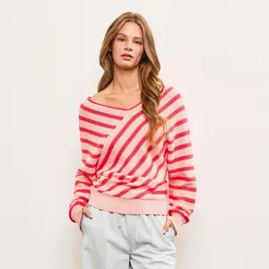 Cross Stripe V Neck Sweater Top - 100% Cotton Lightweight Knit Sweater- CLEARANCE