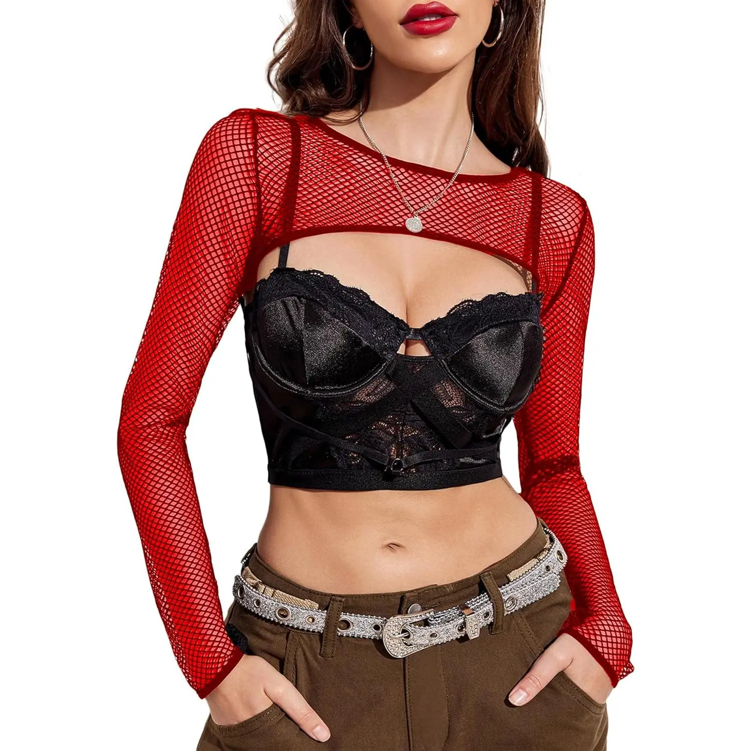 Women Fishnet Long Sleeve Crop Top See Through Shirt Sheer Blouse Sexy Outfits Womenswear Basic Black Minimalist Short Skinny Slim women's summer outfits club outfit