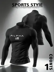 Men's High Neck Long Sleeve Slim Fit Warm Top, Casual Graphic Knit Winter Wear, Fitted Medium Fabric Thermal Shirt