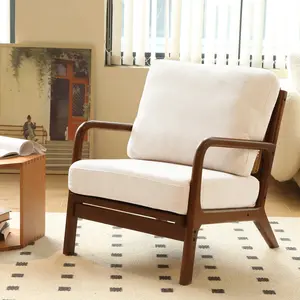 White handcrafted cute solid wood-legged lounge chair, living room chair, equipped with soft fabric seat cushion, comfortable bedroom chair, suitable for apartments, waiting rooms, balconies, comfortable armchair for reading.