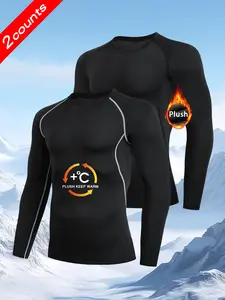Men's Warm Compression Shirt 2 Pack Long Sleeve Wool Lined Base Layer, Ideal for Cold Weather, Sports Fitness Gear, Winter Activities, Athletic Compression Shirts