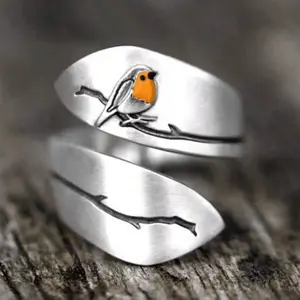 Vintage Boho Style Bird and Branch Adjustable Silver Plated Open Ring, Fashion Jewelry Accessories Suitable for Men and Women