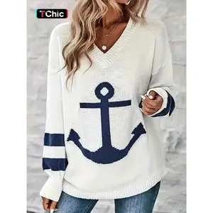 Women's Colorblock Anchor Print Sweater, Casual Long Sleeve Jumper for Spring, Fashion Women's Knitwear for Daily Wear