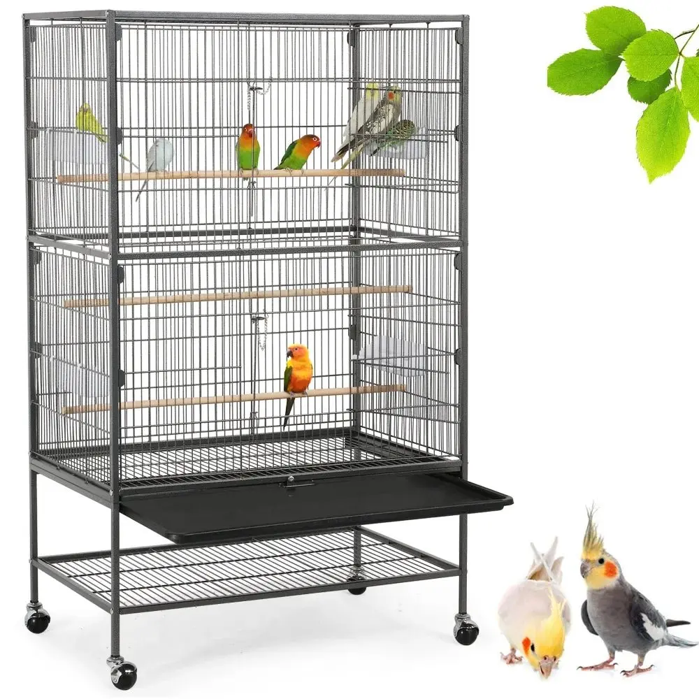 Yaheetech 52H Rolling Metal Bird Cage  3 Wood Perches 4 Feeders & Storage Shelf  Small to Medium Birds  Black