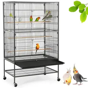 52''H Metal Rolling Bird Cage with 3 Perches & 4 Feeders & Extra Storage Shelf Black