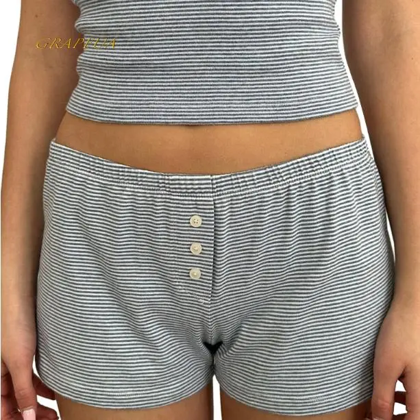 Women's Casual 2-Piece Pajama Set, All Season Striped Loungewear with Spaghetti Strap Crop Camisole and Elastic Waist Button Shorts for Travel, Polyester, Slumber Party, Clothes, 100% Brand New, Cami Set, Cotton, Fits, Nightwear, Print, Top, Pants, Soft,,