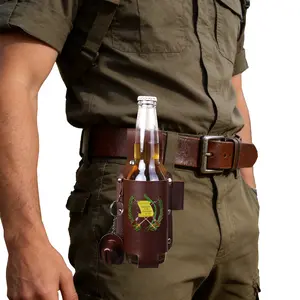 Guatemala Leather Drink Holster with Cowboy Hat Opener - Chapín Guatemalan Pride Beer Belt Holder for 12oz Cans & 12-14 oz Glass Bottles, Leather Drinkware, Rugged Brown Heritage Gifts for Men (Holster + Opener Set)