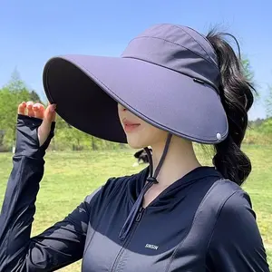 Unisex Wide Brim Sun Hat, Foldable High Ponytail Shade Cap, Windproof Chin Strap, Lightweight for Hiking Fishing, Outdoor Camping Daily Wear
