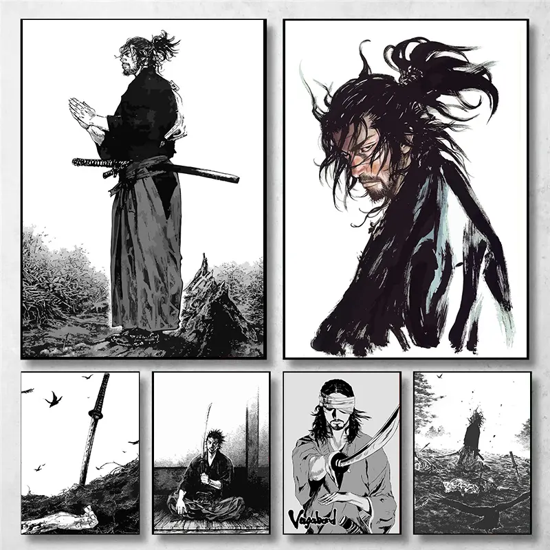 Artistic Vibrant Miyamoto Musashi Vagabond Bushido Warrior Vintage Japanese Manga Canvas Wall Art Poster, Otaku Style Hanging Decoration for Anime Room, Anime Decor Home Gift, Eco Friendly