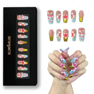 Glim&Glee Handmade Anti-Wrinkle Acrylic Press on Nails Floral Gradient with Gold Accents Long Coffin Fake Nails Reusable Artificial Nails in Black Gift Box for Women Girls