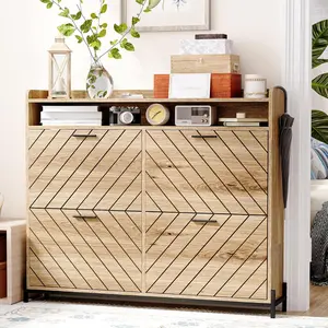 Shoe Cabinet for Entryway,Large Shoe Storage Cabinet with 4 Flip Drawer,Narrow Shoe Organizer Rack with Open Storage Shelf for Hallway,Closet