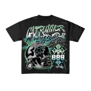 Men's cotton t-shirt with abstract skull and flame print in blue