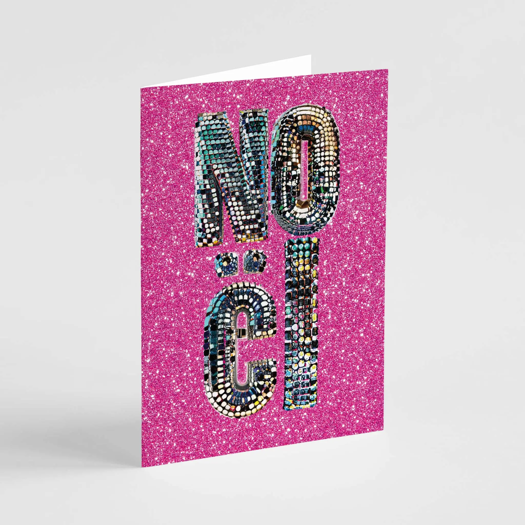 24 Disco Noel Christmas Cards with Pink Glittery Background + Envelopes