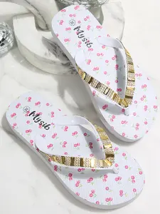 Cherry Print Rhinestone Women's Sandals, Summer Fashion Flat Flip Flops, Stylish Casual Footwear for Ladies, Trendy Beach Shoes