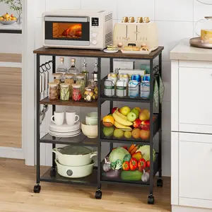 Rolling Kitchen Carts with Storage - Microwave Table Stand with 6 Hooks & 3 Baskets, kitchen Island Cart on Lockable Wheels, 28.3" L * 14.6" W Bakers Rack Cart for Dining Room Coffee Bar Office