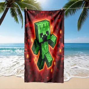 Bottom Minecraft Creeper Print Beach Towel, Skin-Friendly, Absorbent, Quick-Dry, Perfect for Beach, Pool, Summer Travel, Home Use