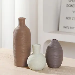 Ceramic Vases Set of 3  Decor Modern Rustic Farmhouse Pottery Decorative Flower Vases for Pampas Grass Dried  , Living Room, Table Centerpiece, Shelf, Mantel (Multicolor Brown)