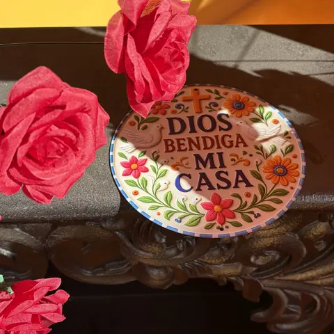 1pc Round Aluminium "God Bless My Home" God-Bless Phrase Wall Tin Sign - 8*8 inches/20cm*20cm Inkjet Printing, Vibrant Flowers & Birds with Cross, Home Decor Accessory, Farmhouse Porch Decor