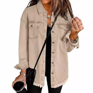 Women's Button Up Frayed Hem Shacket Long Sleeve Pockets Denim Jean Jacket Womenswear Coats