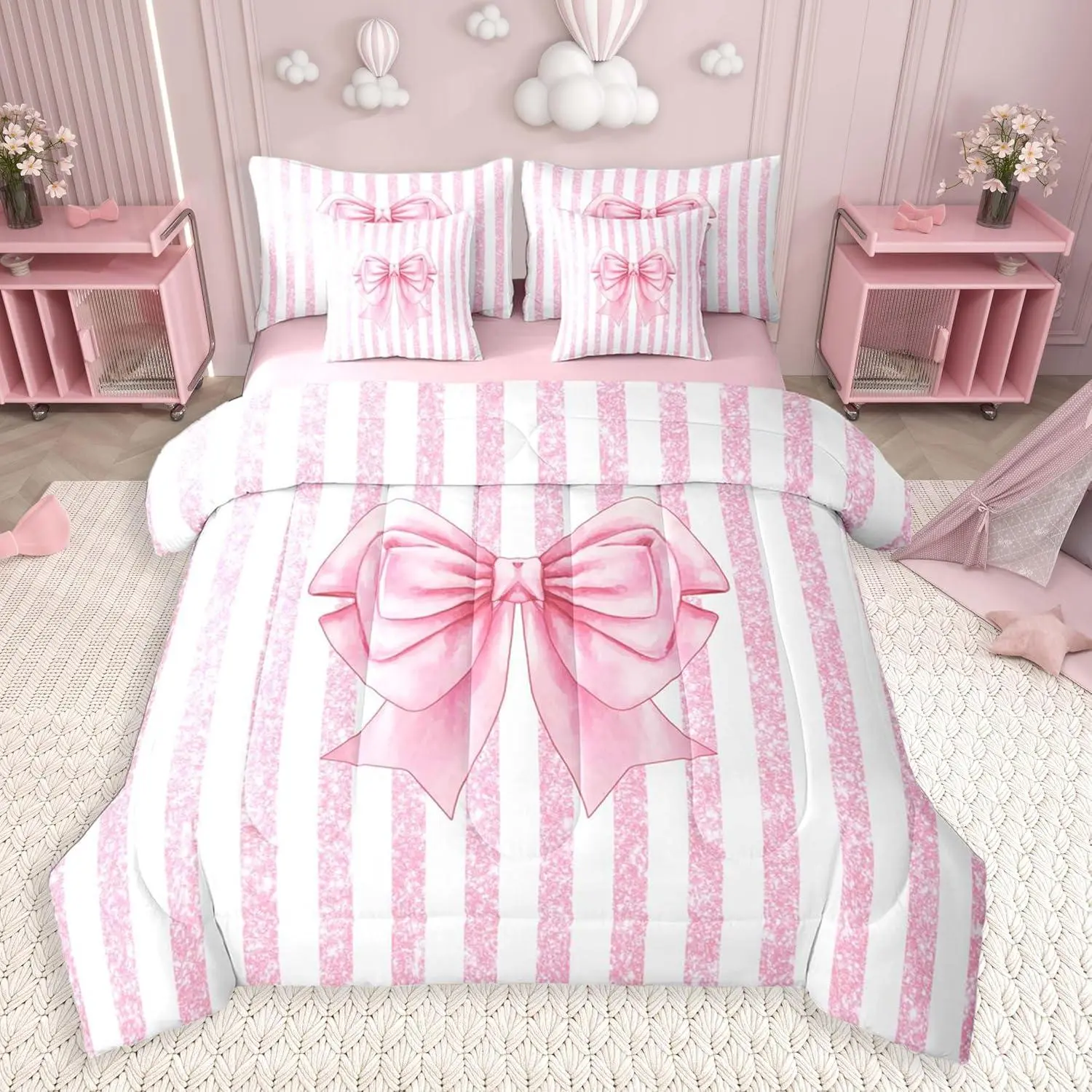 Pink Bow Comforter Set 7 Pieces Glitter Bowknot Bedding Set Pink Stripe Bed in a Bag with Sheets,Pillowcases,Cushion Covers Princess Bedroom Decor Soft Breathable