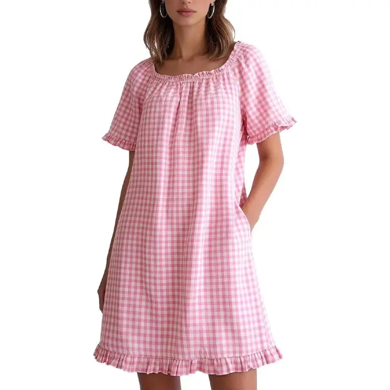 Women's 100% Cotton Plaid Knee-Length Nightgown - Square Neck Pull-On Sleep Dress with Ruffle Sleeves, Pocket, Loose Fit Loungewear Nightwear, Gingham, Night Gown, Soft Cotton, Slip-On Pullover, No Fuss, Regulates Temperature For Sleep