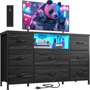【Spring Glow up】8 Fabric Dressers for Bedroom With LED Lights & Charging Station,Sturdy TV Stand for 55 inches TV with 2AC Power Outlets & 2 USB Ports, Entertainment Center with Chest of Drawers, Open Shelves for Hallway Entryway & Wardrobe,Closet,Black