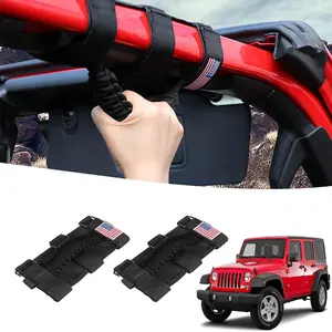 WOAOW 2 Pack Roll Bar Grab Handles Paracord Handles Grip for Wrangler CJ YJ TJ JL JK LJ JLU JKU Sahara Freedom Rubicon,Gladiator JT 1955-2023,Interior Accessories with America Flag (Black)