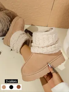 Women's Fashionable Black Suede Knitted Cuff Platform Snow Boots, Comfortable Warm Footwear for Daily & Cold Weather Wear, Female All - match Shoes, Girl, Snow Boots, Winter Boots, Platform Boots, Knitted - Cuff Boots, Winter Booties