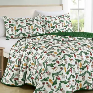 Cozy Christmas Bedspread Set 3-Piece | Reversible Ultra-Soft Flannel Quilt with Holiday Ornaments Print | Festive Decor for Xmas Season