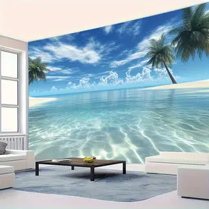 Large Tropical Beach Scenery Tapestry Wall Hanging - Vibrant Palm Trees & Crystal Clear Waters Fantasy Landscape Art, Durable Peach Light Beige Fabric, Horizontal Indoor Decor For Bedroom & Living Room, Easy To Hang & Store, Beach Theme Dec