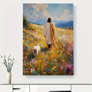 2D Flat 1pc Framed Flower Jesus& Sheep Canvas Wall Art- Vintage Good Shepherd Bible Painting, Wooden Frame Christian Religious Decor for Church, Living Room, Nursery, Catholic Home Decor, Easter Gift Ready to Hang	