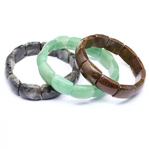 13X19MM Natural Stone Smooth Rectangle Beads Strand Bracelets Amethyst Rose Quartz Healing Crystal Rectangle Bangle Women Gemstone Jewelry Gifts