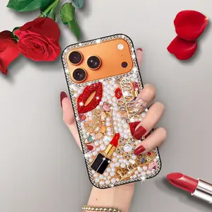 Bling Case for iPhone 17 Pro Max,Shiny Luxury Cute Phone Case with Glitter Sparkle Diamond Crystal Rhinestone Lips Lipstick Pearl Flowers High Heels, Floral Sparkle Pearl Glitter Soft Bumper Cover for Women Girl