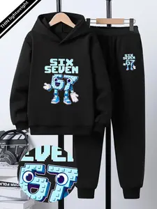 Boys' Spring & Fall Ootd Set, Cartoon Number 67 Six Seven Hoodie Two-Piece Set, Casual Youth Sweatshirt Pants, Gift for Sports Boys, Youth Kits