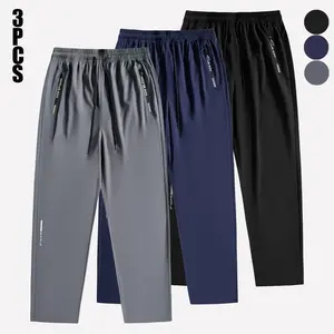Men’s 3-Pack Loose Wide-Leg Comfortable Athletic Jogger Pants, Unisex, Drawstring Cuffs, Zippered Pockets, Summer Stretch, Breathable