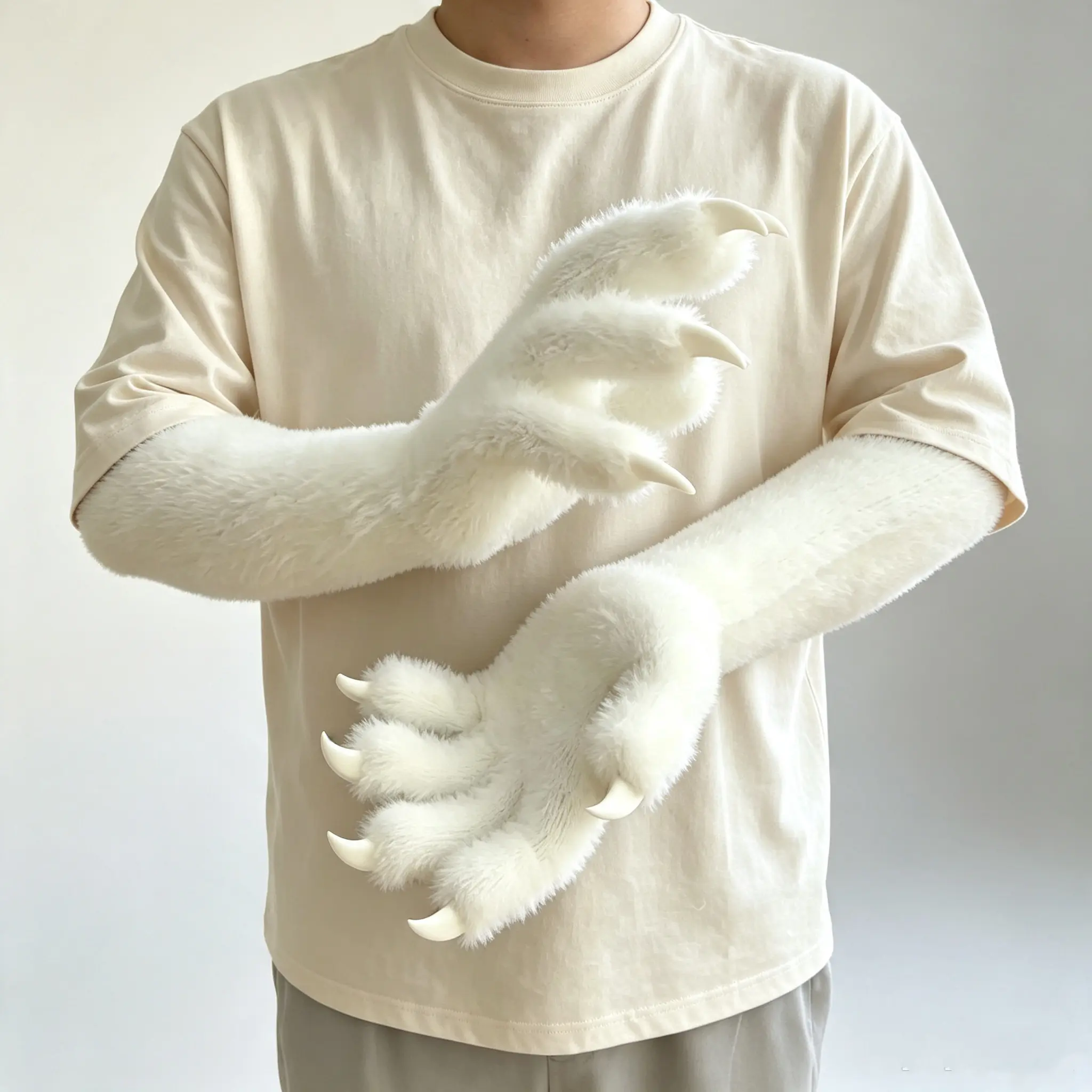 Plush Claw Gloves Halloween Cosplay Long Sleeve Sharp Nail Animal Paw Gloves Multicolor Furry Costume Accessory for Cat Wolf Fursuit Party Masquerade Dress Up