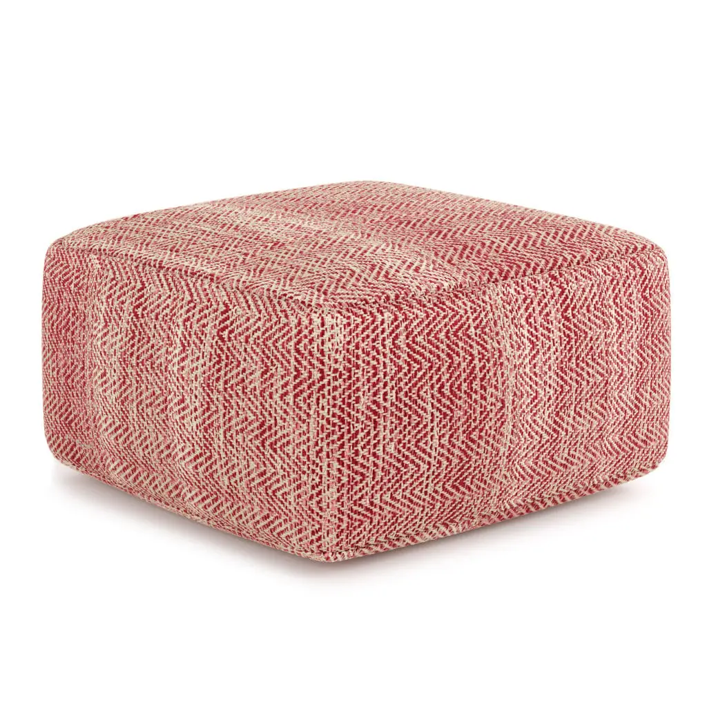 360 stand Upholstered Bohemian Square Pouf Ottoman, 20x20x10" Red Cotton with Polystyrene Fill, Indoor Furniture Stool
