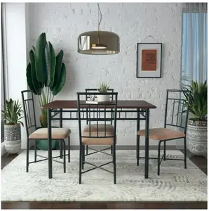 Louise Traditional 5-Piece Wood & Metal Dining Set Deep Walnut Sturdy Steel Table Frame with Upholstered Seats Modern Style Compact Size for Small Areas