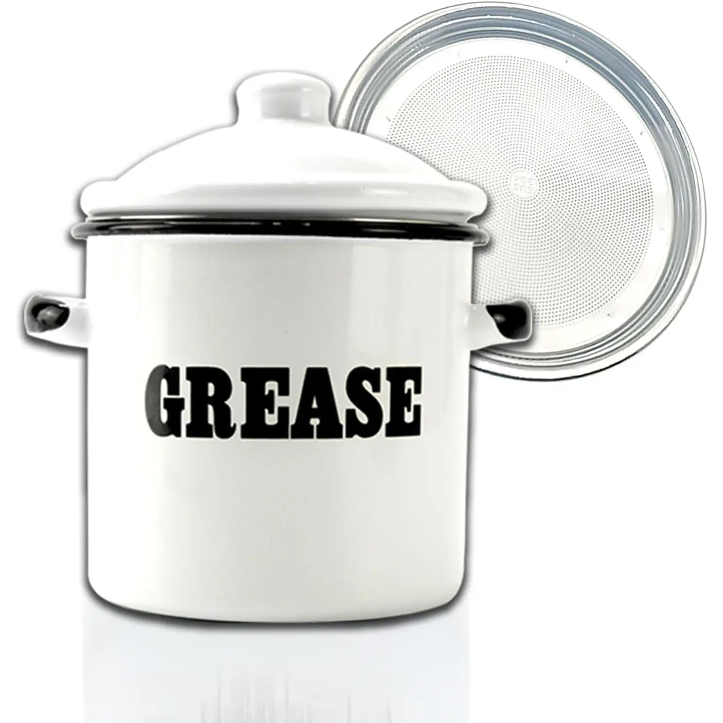 1.5L White Enamel Bacon Grease Container with Strainer, Grease Canister with Letter Pattern, Bacon Grease Saver, Oil Storage Jar, Kitchen Accessories for Farmhouse Kitchen Decor