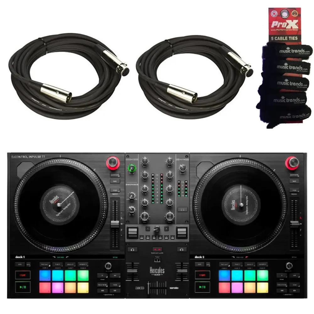 Hercules DJ Control Inpulse T7 2-Channel DJ Controller for Serato & Djuced with 7" spinning platters + XLR Cables